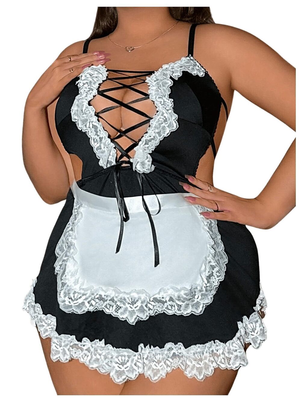 7504 Plus Size 2 Piece Contrast Lace Cosplay Lingerie Set Maid Costume Set